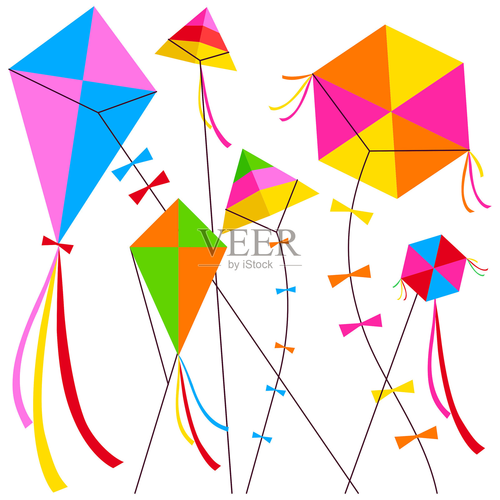 五彩斑斓的风筝在天空中飞舞。各种形状和颜色的美丽风筝在空中翱翔。矢量插图插画图片素材