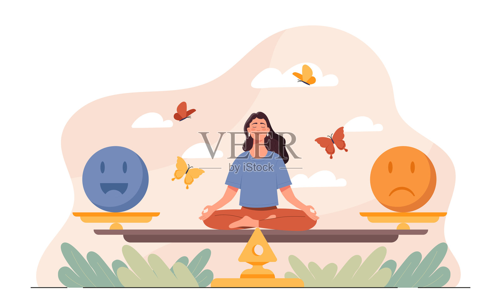 压力控制的女性。年轻女孩坐在秤上,周围有各种表情符号。情感与情绪,表达。好心情或坏心情。平静、安宁与放松。扁平化矢量插图。插画图片素材