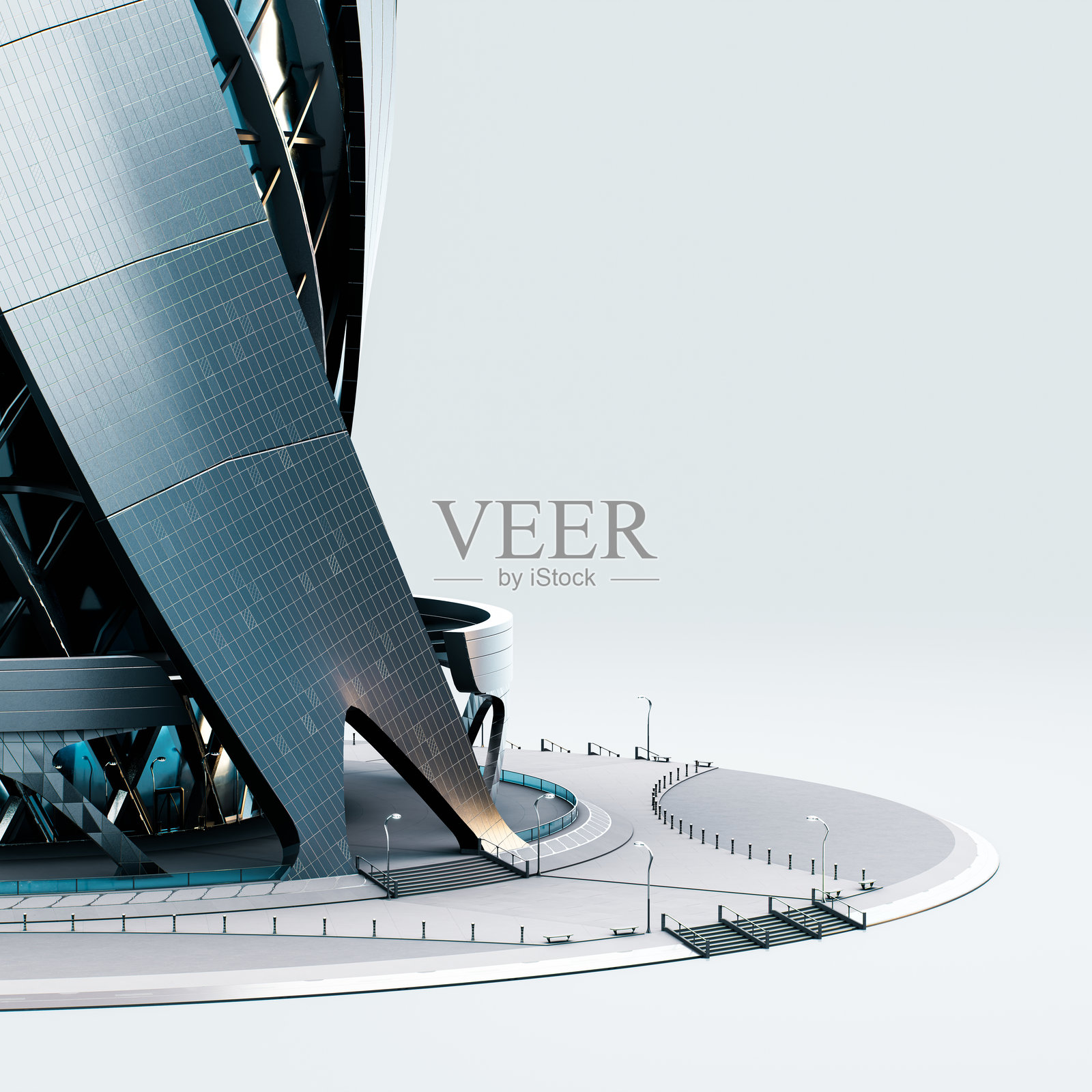 未来派螺旋摩天大楼入口,玻璃和金属外立面,流畅的建筑设计,以及现代城市环境中的先进结构元素,3D渲染图照片摄影图片