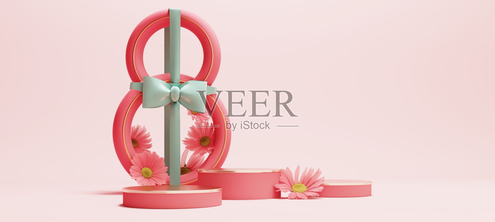 庆祝国际妇女节的3D渲染背景,配有优雅的讲台和花卉装饰。照片摄影图片