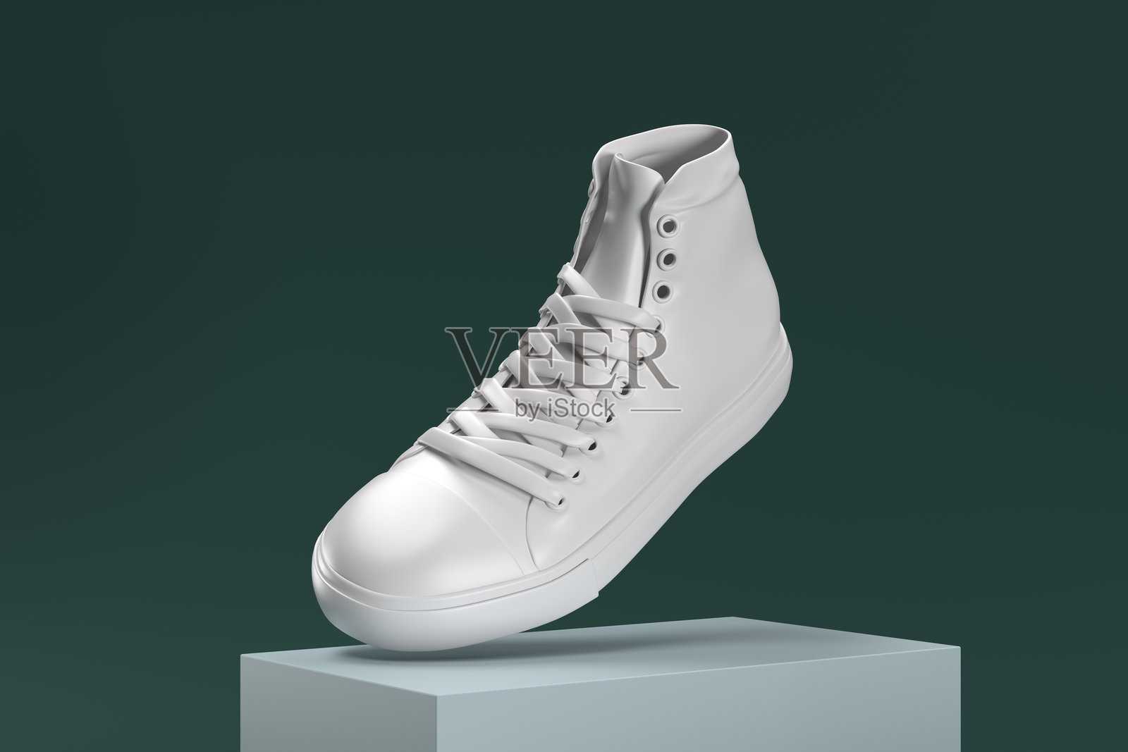 一双白色鞋子以3D渲染的方式展示,鞋带清晰可见。照片摄影图片