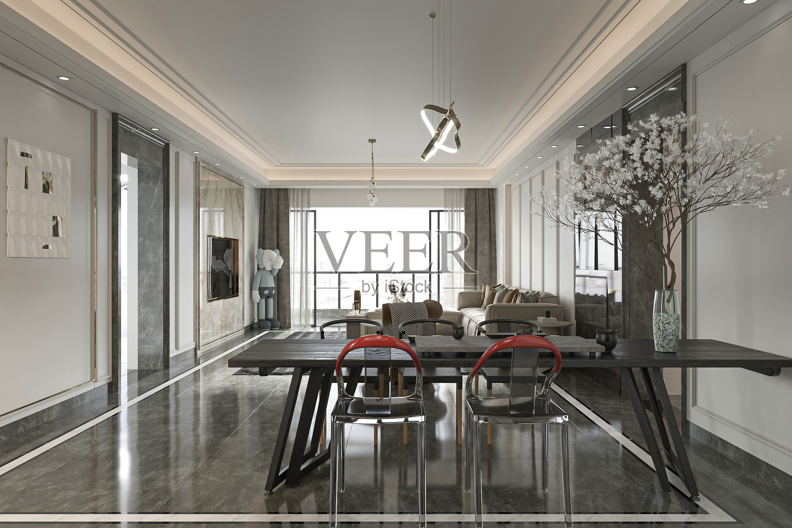 现代设计元素的开放式客厅和餐厅照片摄影图片