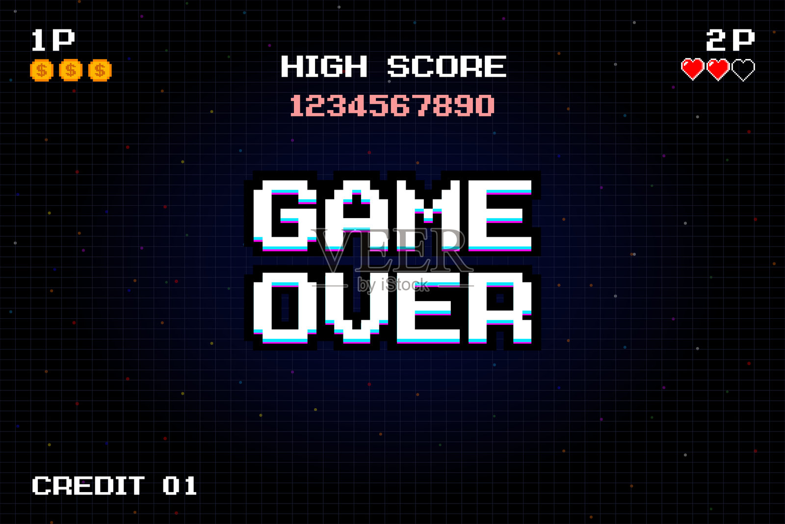 游戏结束。请插入硬币以继续或退出游戏主菜单。现代时尚的游戏背景,带有灯光效果,适用于游戏资产的矢量插图。插画图片素材