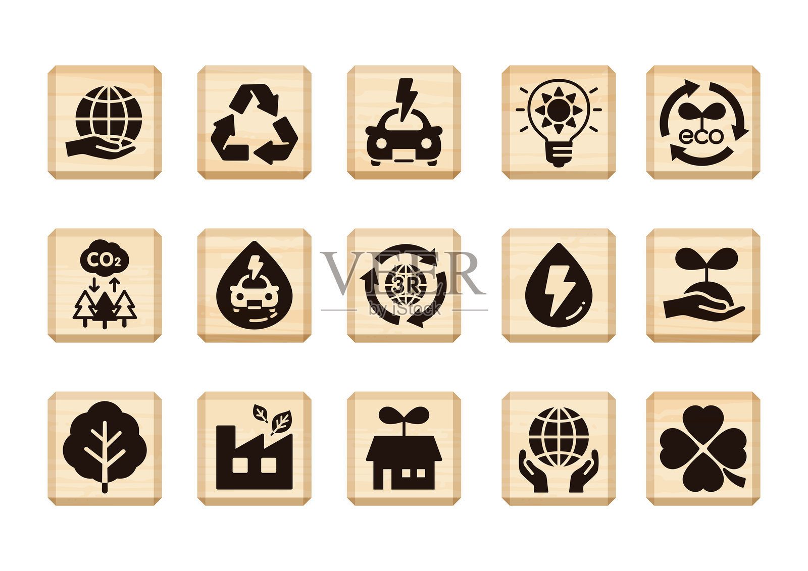 可持续环境图标的插图,展示在木块上。插画图片素材
