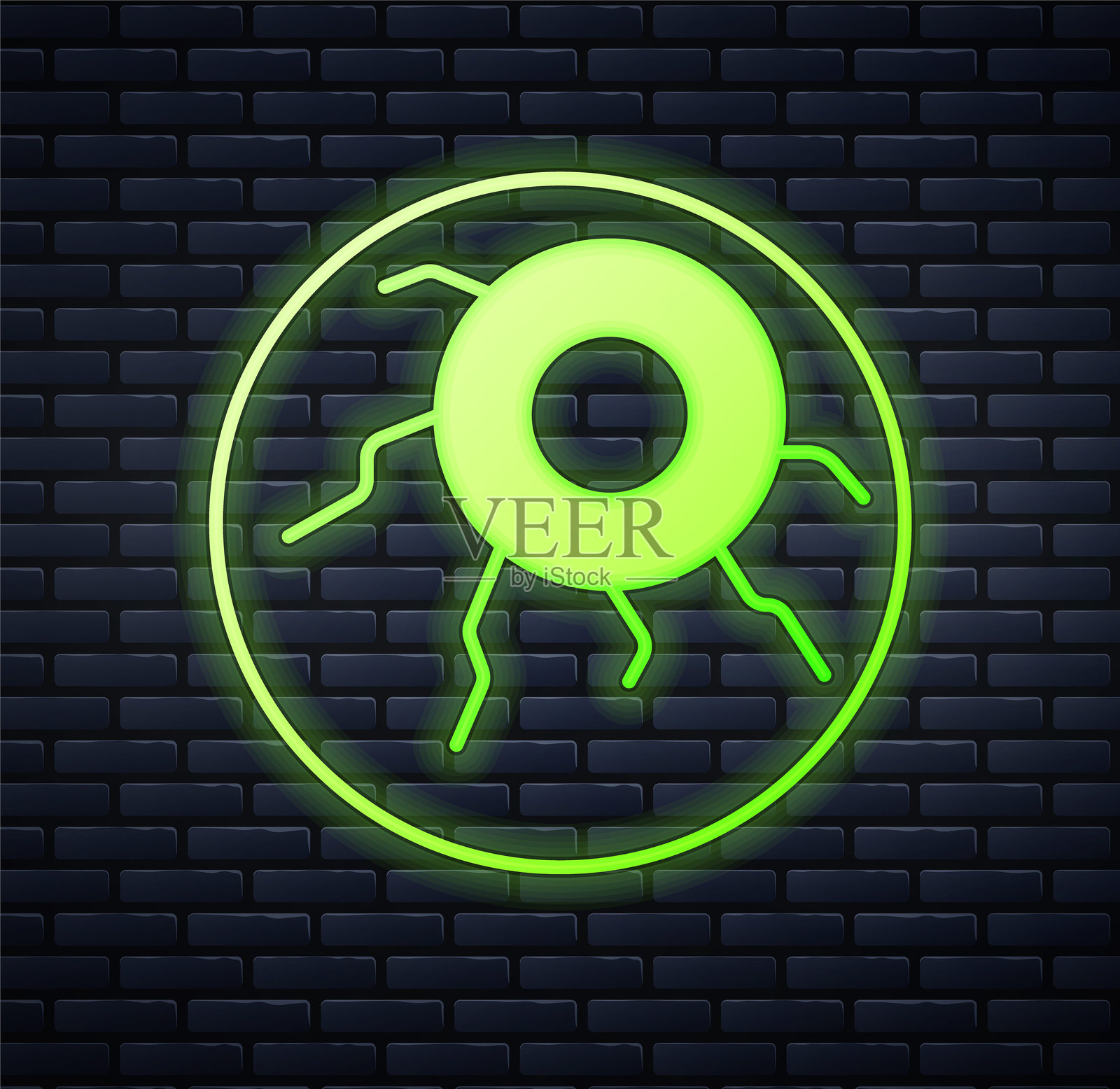 发光的霓虹眼睛图标,背景为砖墙。快乐的万圣节派对。矢量图。插画图片素材