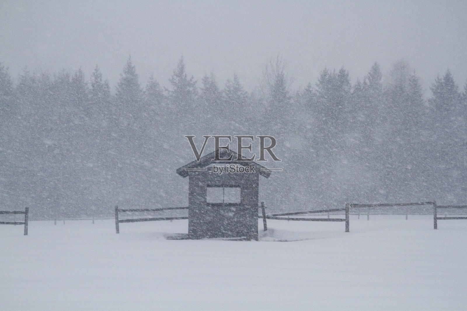 冬季风暴中的小木屋。暴风雪,雪。照片摄影图片