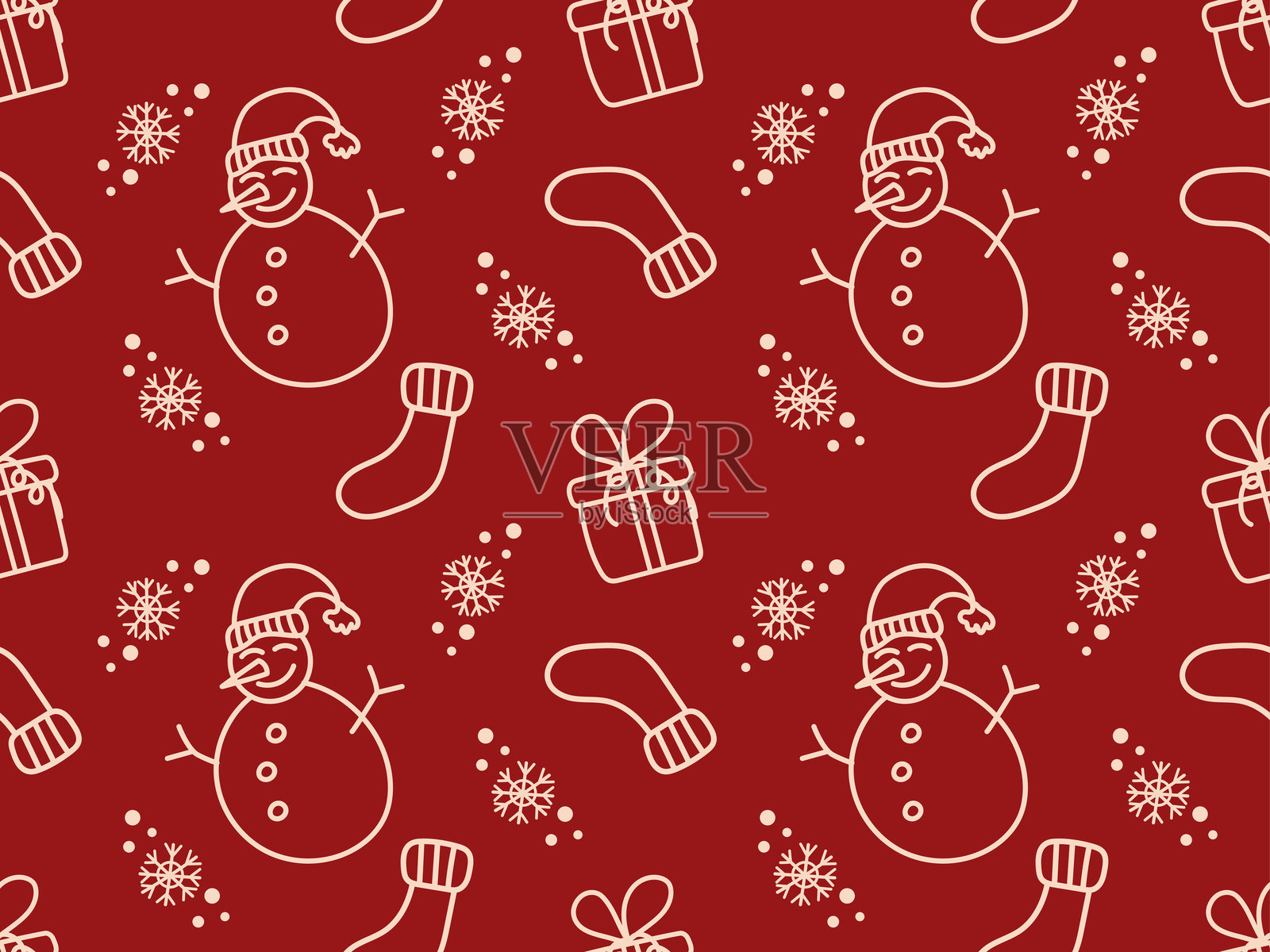 无缝图案,包含圣诞袜、雪人和礼物。可爱的面料印刷壁纸。插画图片素材