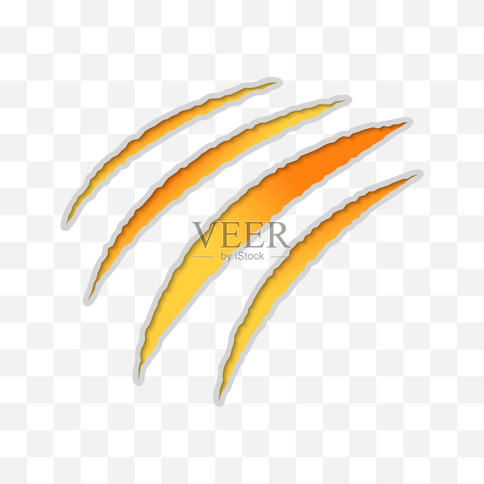 猫抓图标。逼真的黄色动物爪痕,独立于透明背景。狗或熊的平面抓痕。动物爪子的抓痕裂纹。矢量插图。插画图片素材