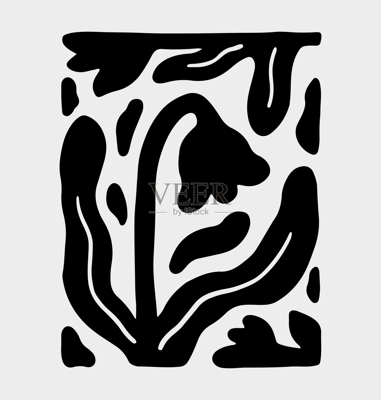 黑色剪影设计,背景为浅灰色,带有有机的抽象图案。曲线和不规则形状类似于花朵、叶子或植物形态。矢量手绘插图。插画图片素材