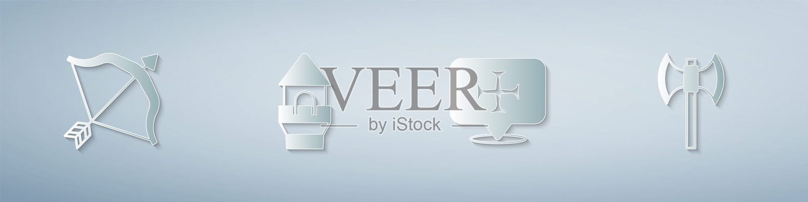 中世纪的弓箭、城堡塔楼、十字军和长柄斧。纸艺风格。矢量图。插画图片素材