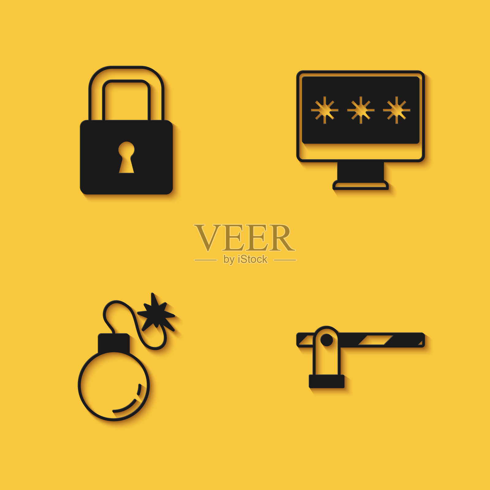 设置锁、停车场障碍、炸弹和带长阴影的密码图标监控。矢量图。插画图片素材