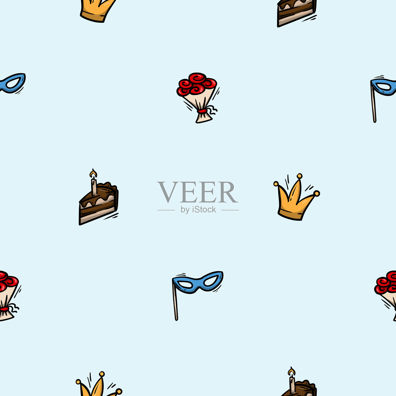 明亮的矢量无缝图案,包含节日元素、生日、蛋糕、皇冠、花朵。可编辑的重复背景,适用于包装纸、印刷和纺织品。插画图片素材