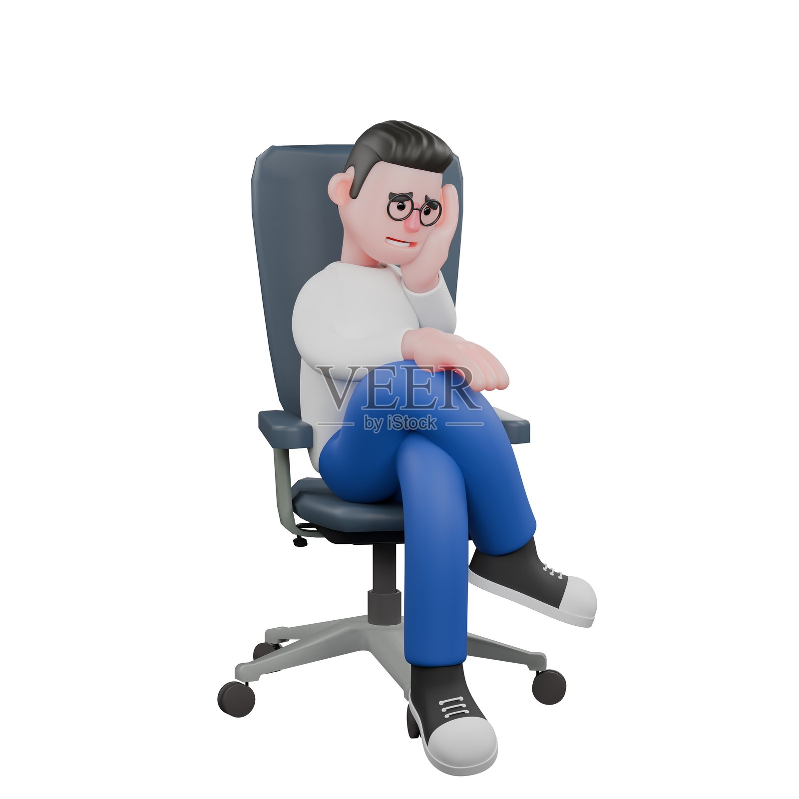 专业卡通角色设计供视频编辑使用。一位男性视频编辑坐在椅子上,双腿交叉,左手托着脸颊,右手放在膝盖上。3D插图照片摄影图片
