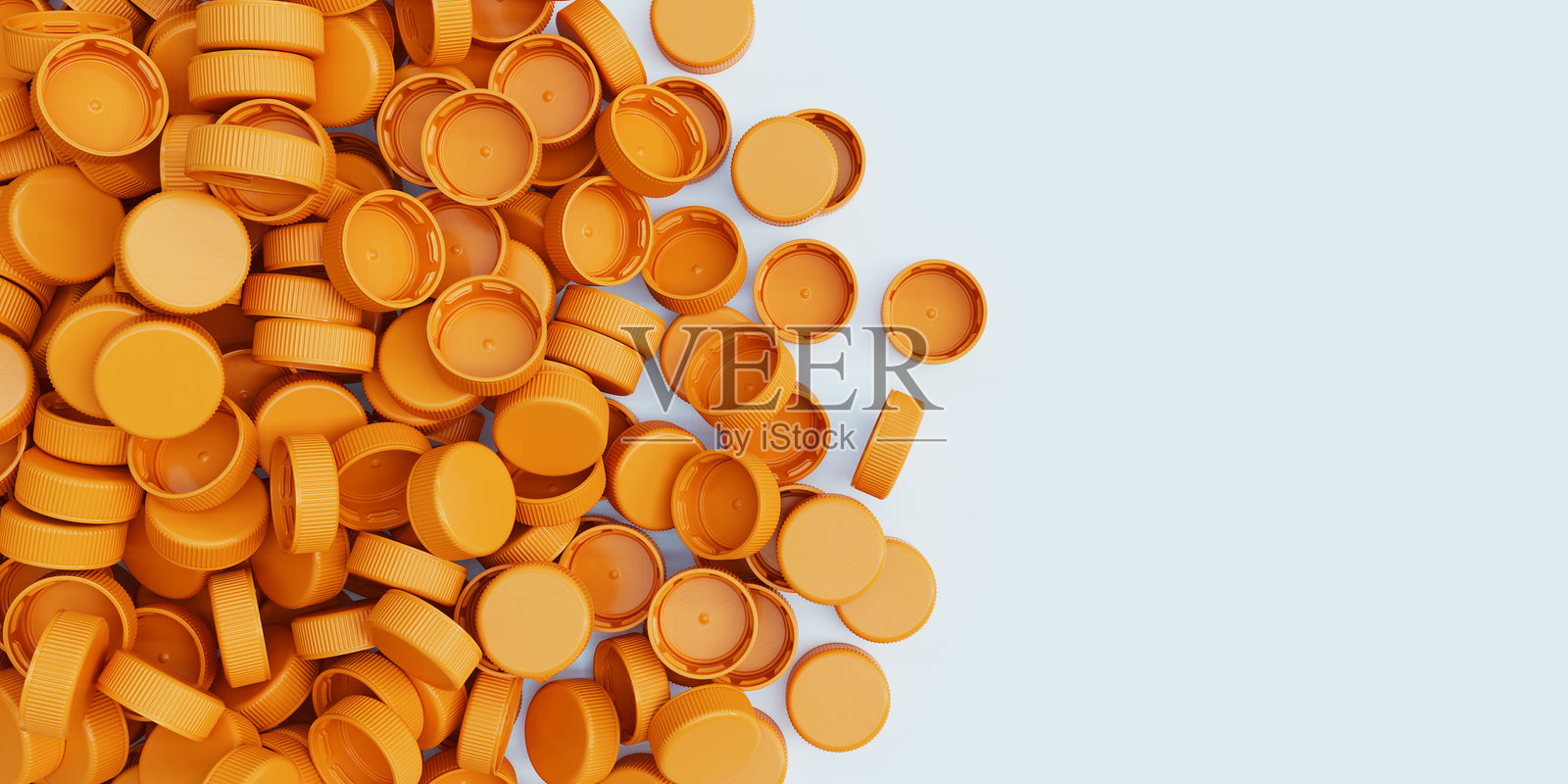 白色背景上方视角的橙色塑料瓶盖堆。塑料工业产品。垃圾再利用。3D渲染插图。照片摄影图片