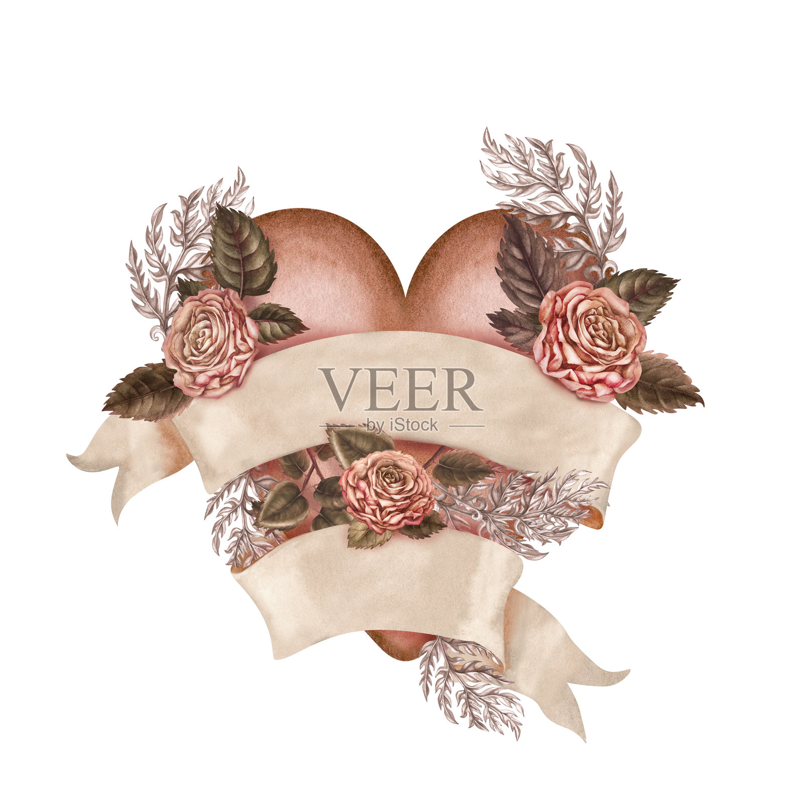 棕色心形与空白米色纸质横幅丝带插画图片素材