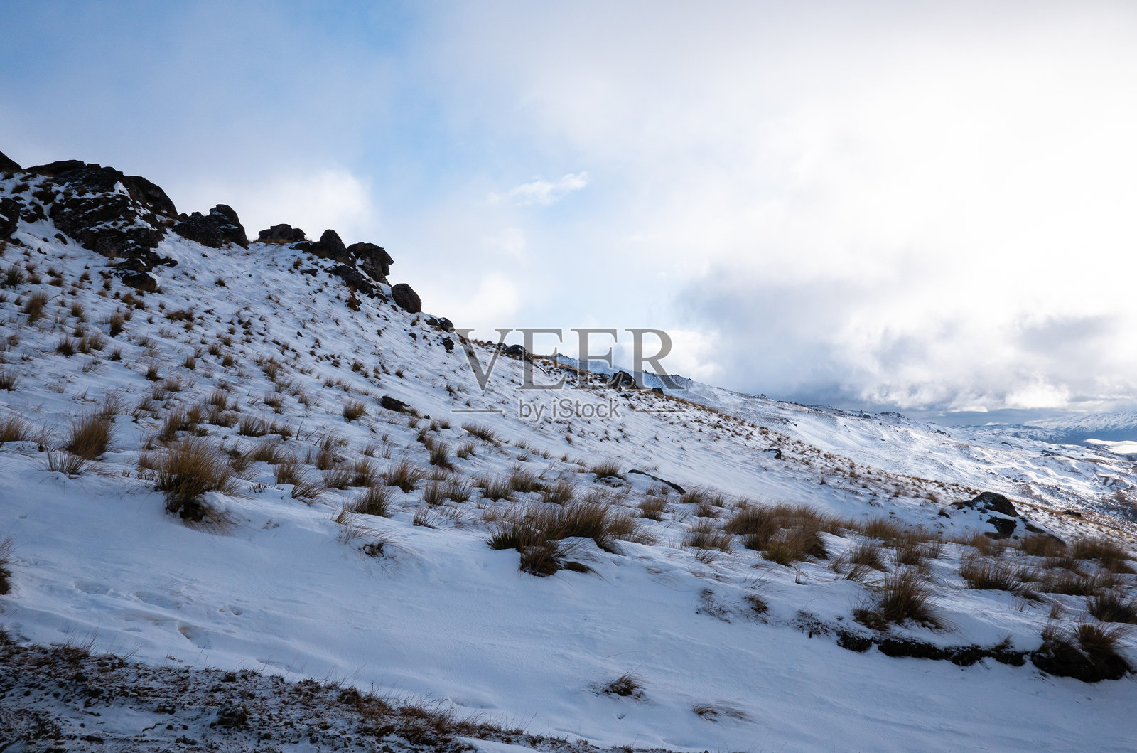新西兰中奥塔哥的冬季风景,雪山、丘陵、蓝天,令人惊叹的美丽照片摄影图片