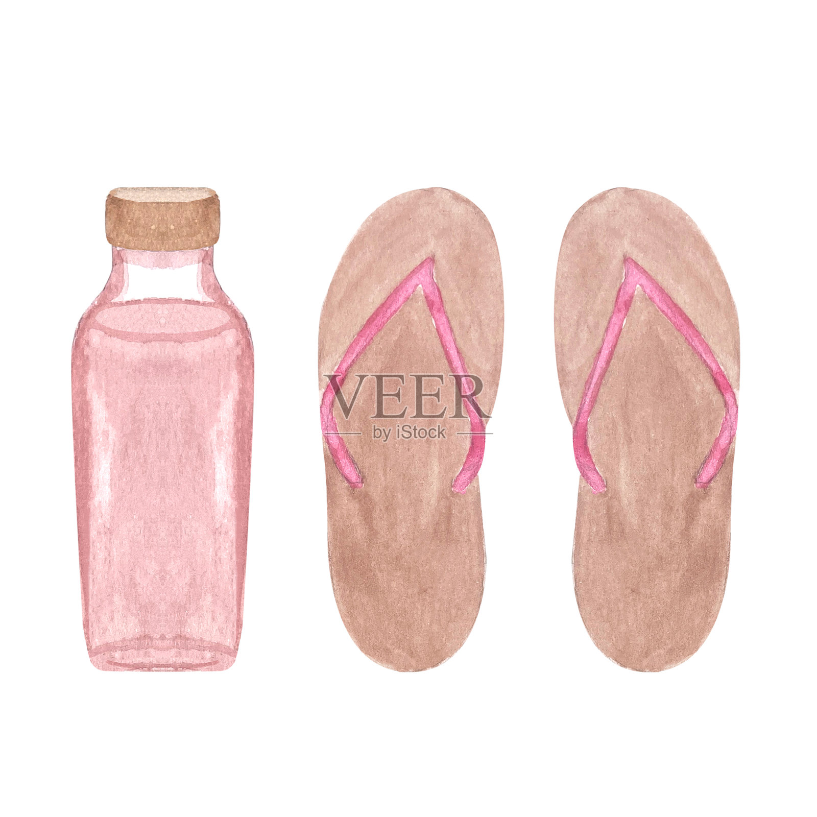 夏季假期。粉色水瓶和人字拖水彩套装,独立于白色背景。插画图片素材