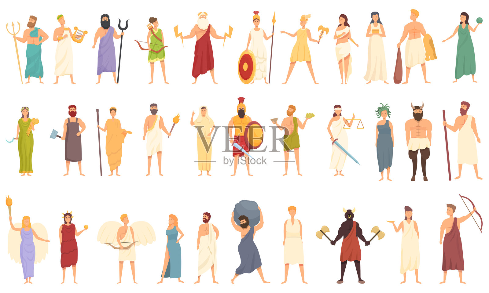 希腊神话图标卡通矢量集。罗马神。插画图片素材