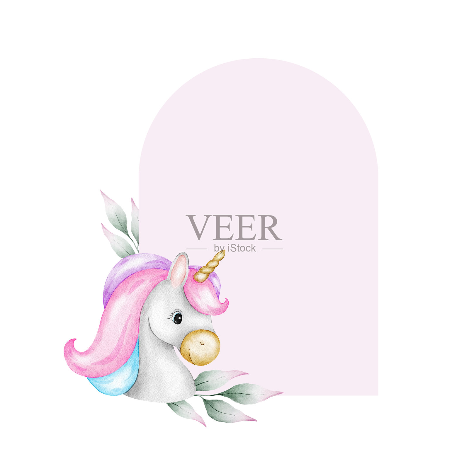 可爱的独角兽空白模板。弧形背景的可爱童话小马。独立的水彩框架。适用于儿童商品、生日邀请函、婴儿洗礼卡、海报和儿童房间。插画图片素材