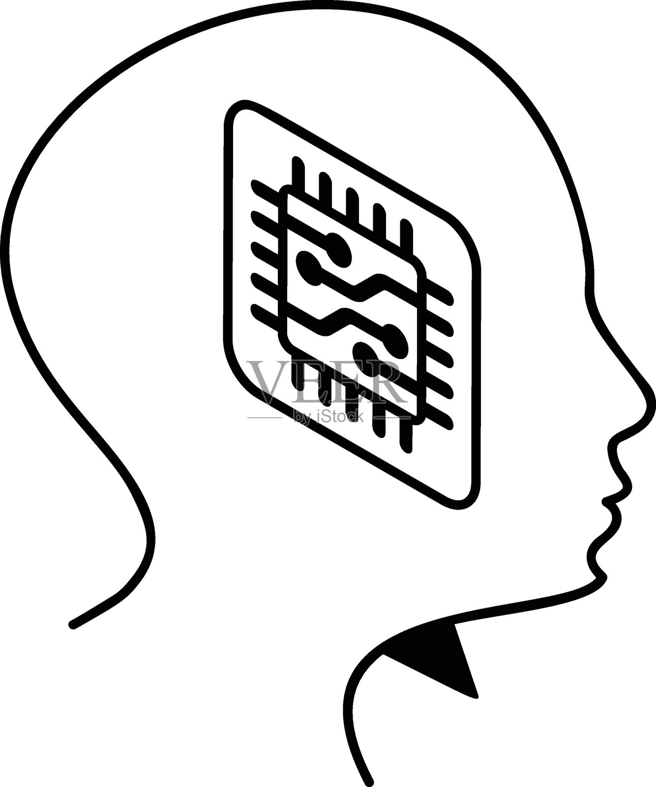 脑电图脑机接口等距矢量,人工通用智能符号,自然语言处理,机器深度学习插图,部分侵入式脑机接口概念插画图片素材