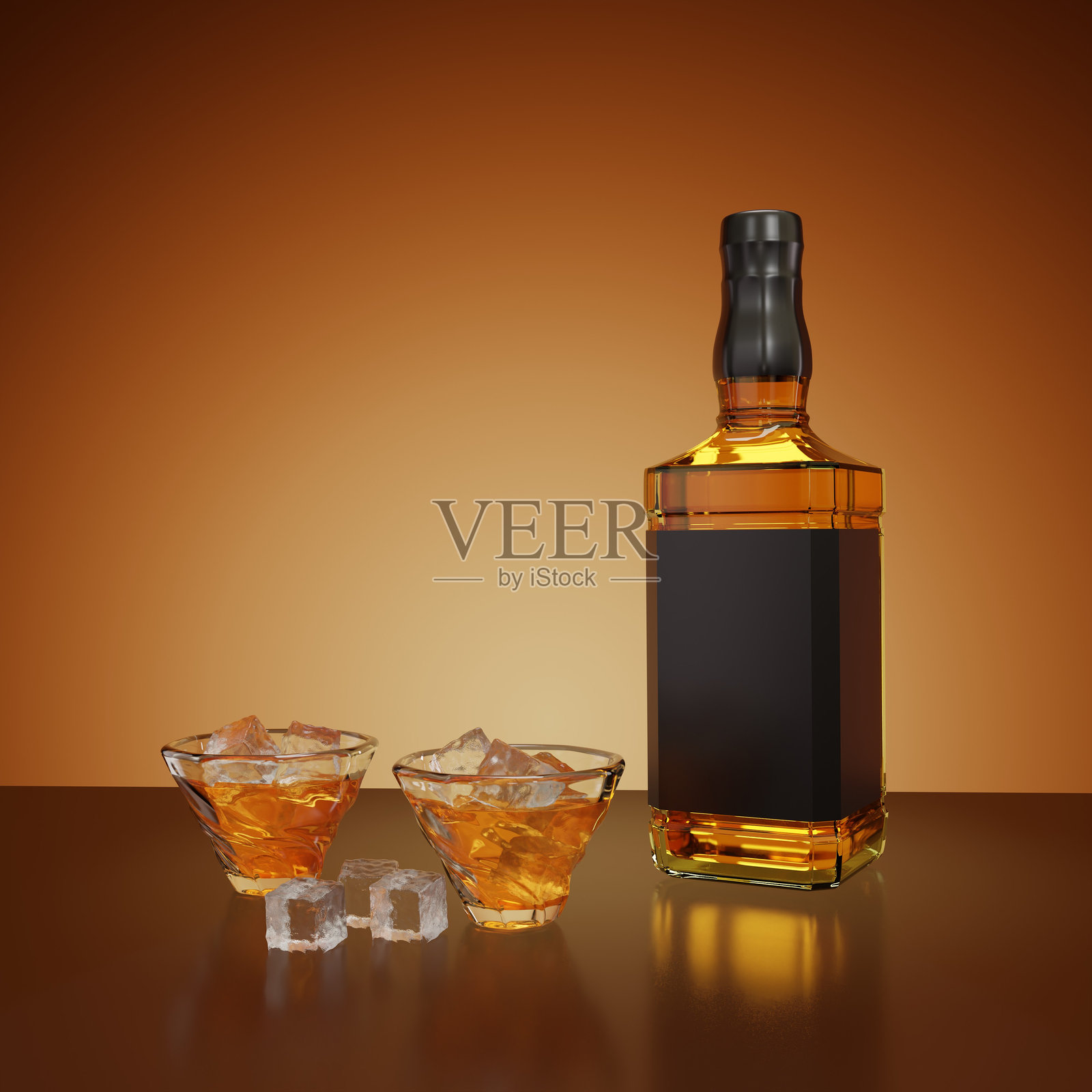 一瓶威士忌和一杯冰块。照片摄影图片