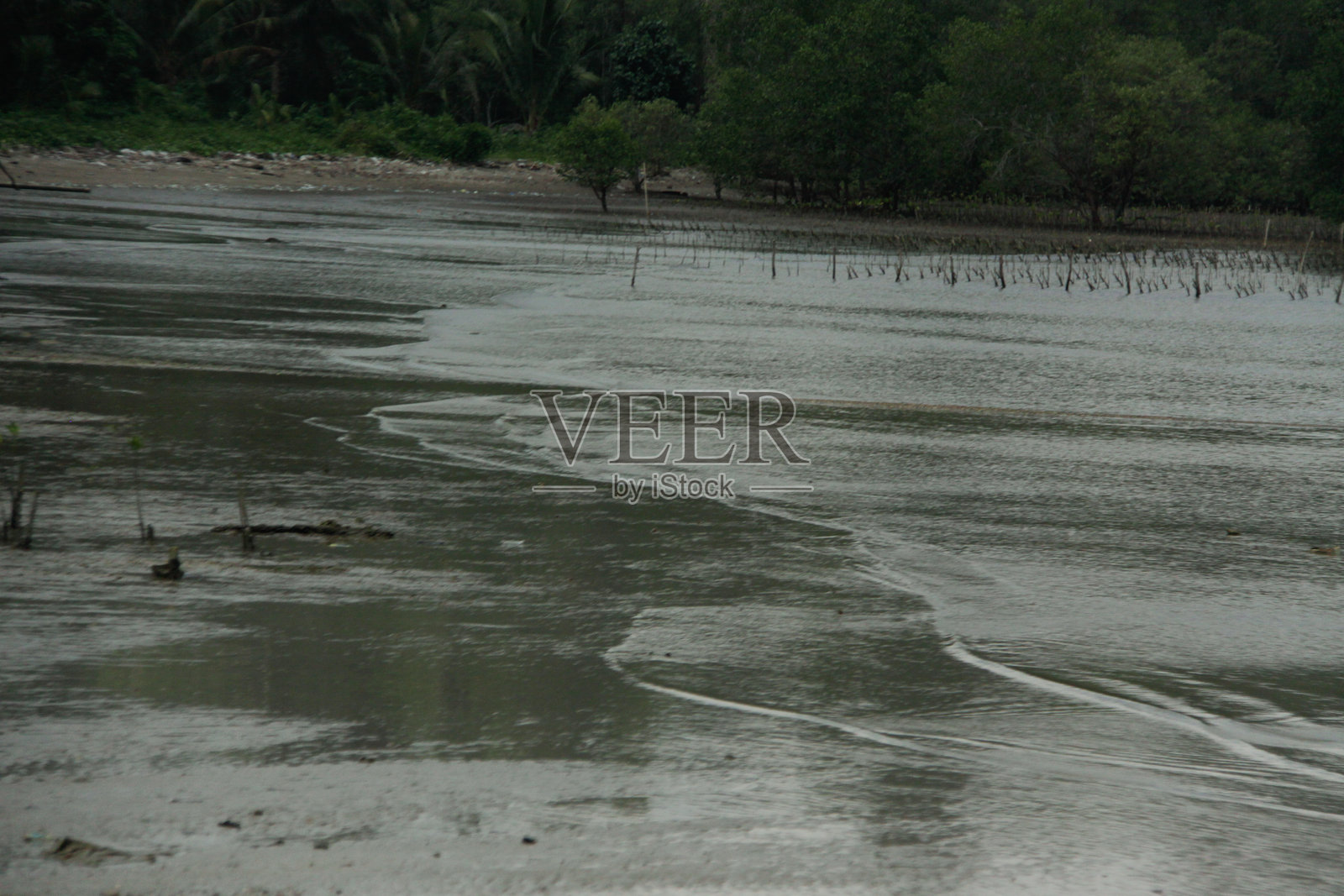 热带海滩,背景是山脉和白色沙滩照片摄影图片