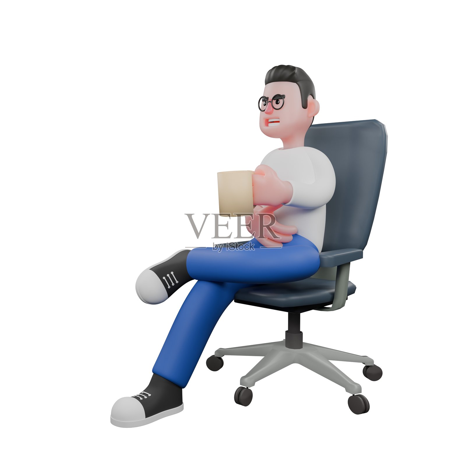 专业视频编辑3D卡通模型。一位男性视频编辑坐在椅子上,左腿交叉,左手拿着一杯咖啡。插图设计照片摄影图片