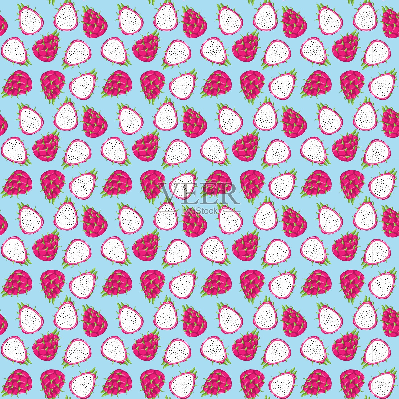 蓝色背景上的龙果平面无缝图案。适用于包装纸、贺卡、海报和横幅设计。插画图片素材