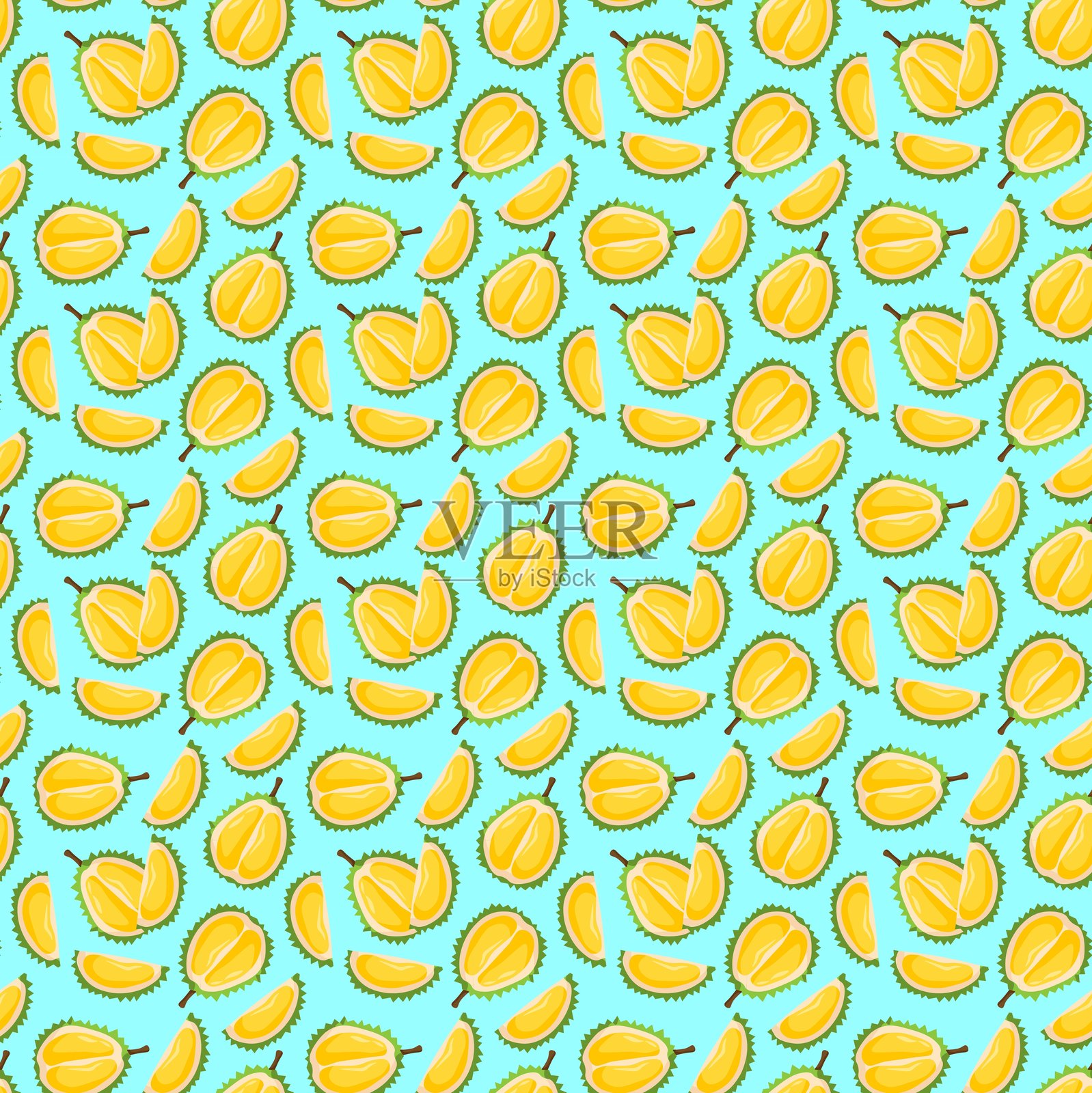 榴莲水果平面无缝图案,蓝色背景。适用于包装纸、贺卡、海报和横幅设计。插画图片素材