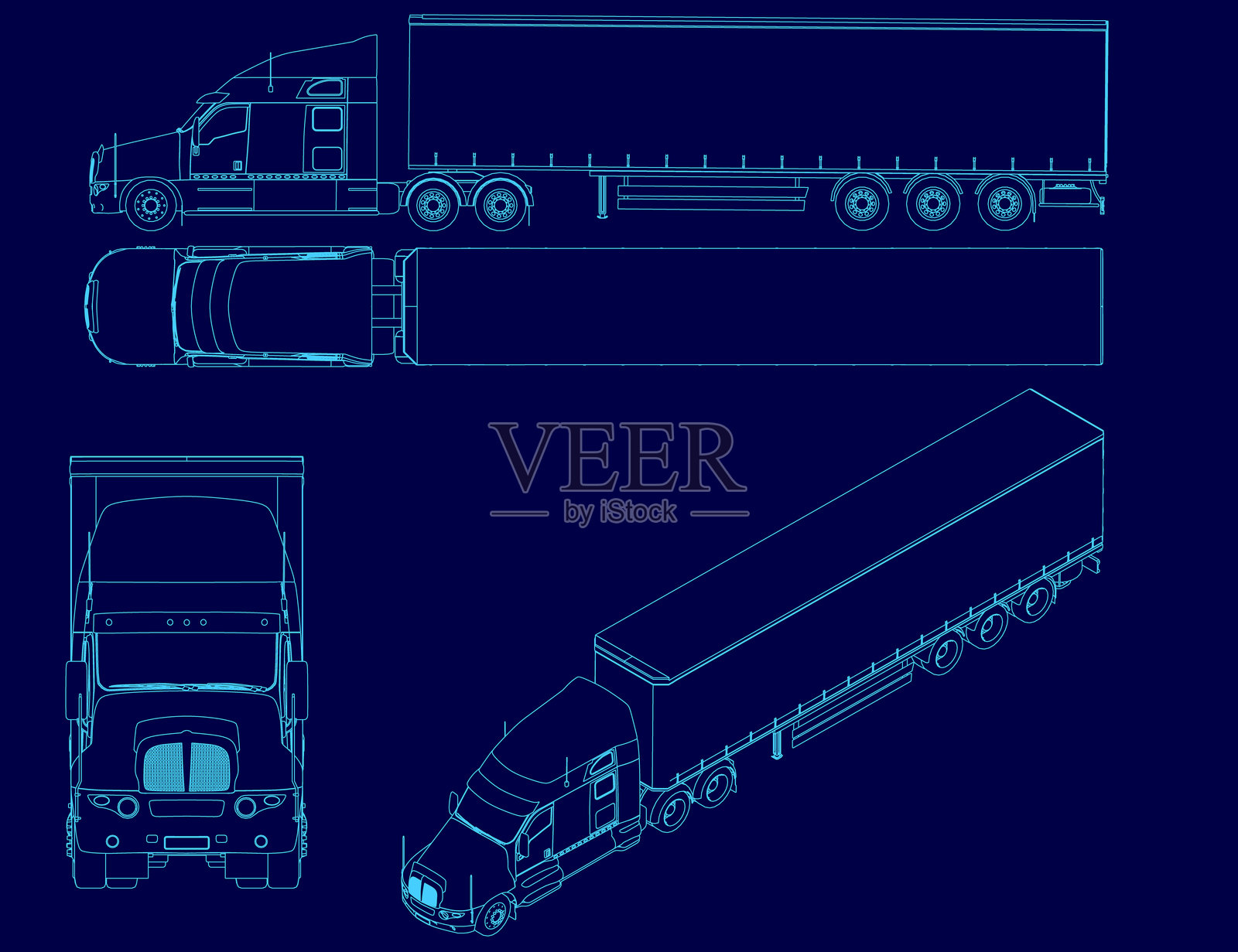 蓝色卡车与拖车的图画。卡车从正面、背面和侧面展示,体现了运动和比例的概念。插画图片素材