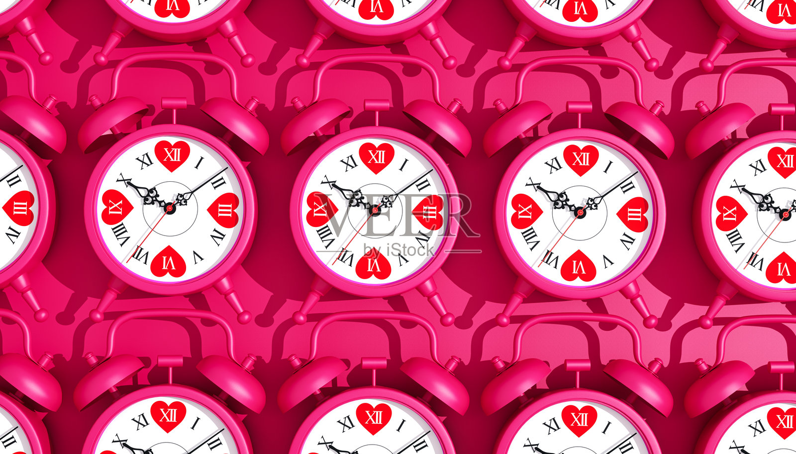 热粉色闹钟,心形数字,生动的复古设计,情人节主题,对称图案,光滑的表面,奇幻的时间记录,大胆的图形风格,俏皮的爱情概念,3D渲染。照片摄影图片