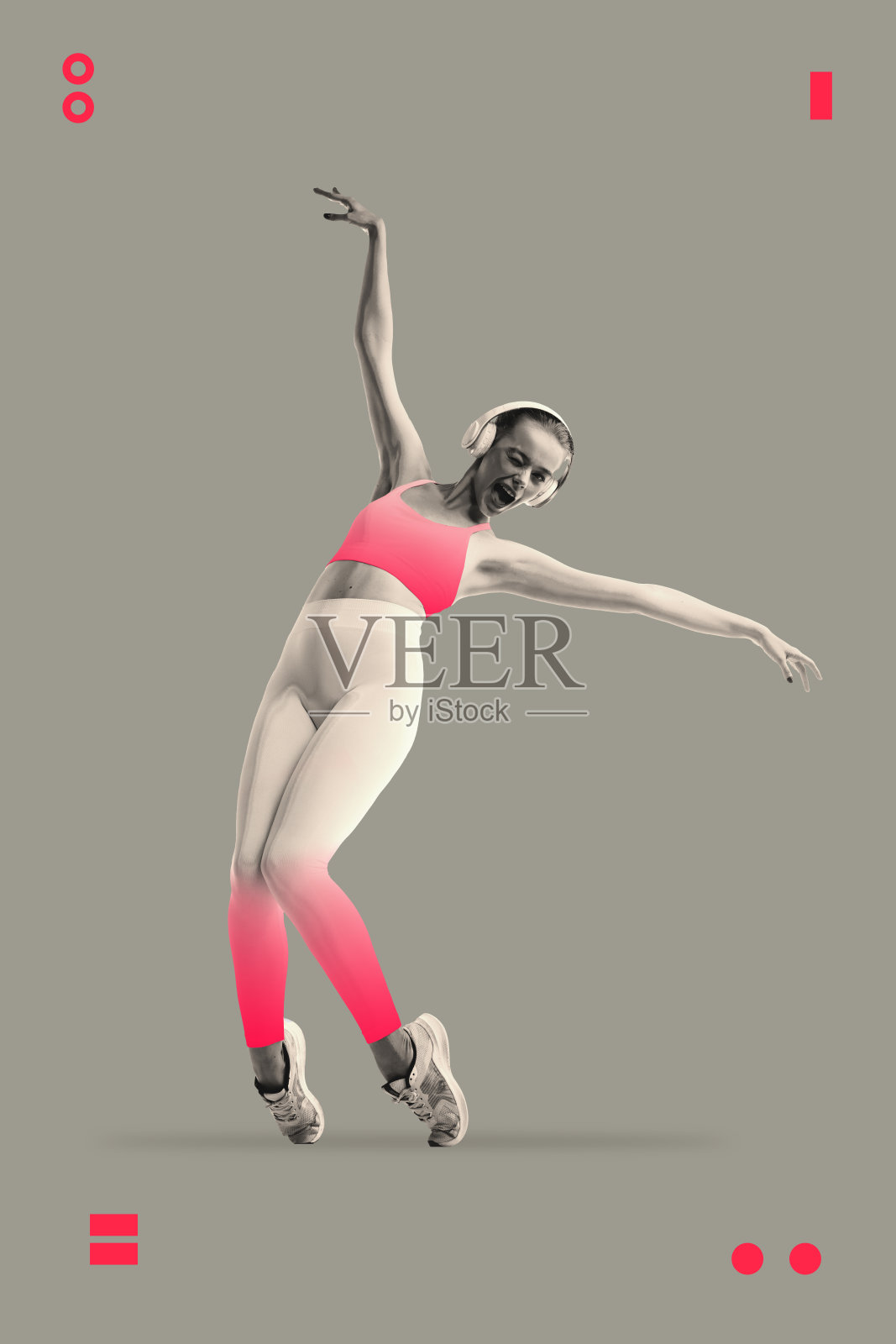 当代艺术拼贴。独舞者优雅地摆姿势,穿着粉色渐变的紧身裤和短款上衣,突显时尚与节奏。照片摄影图片