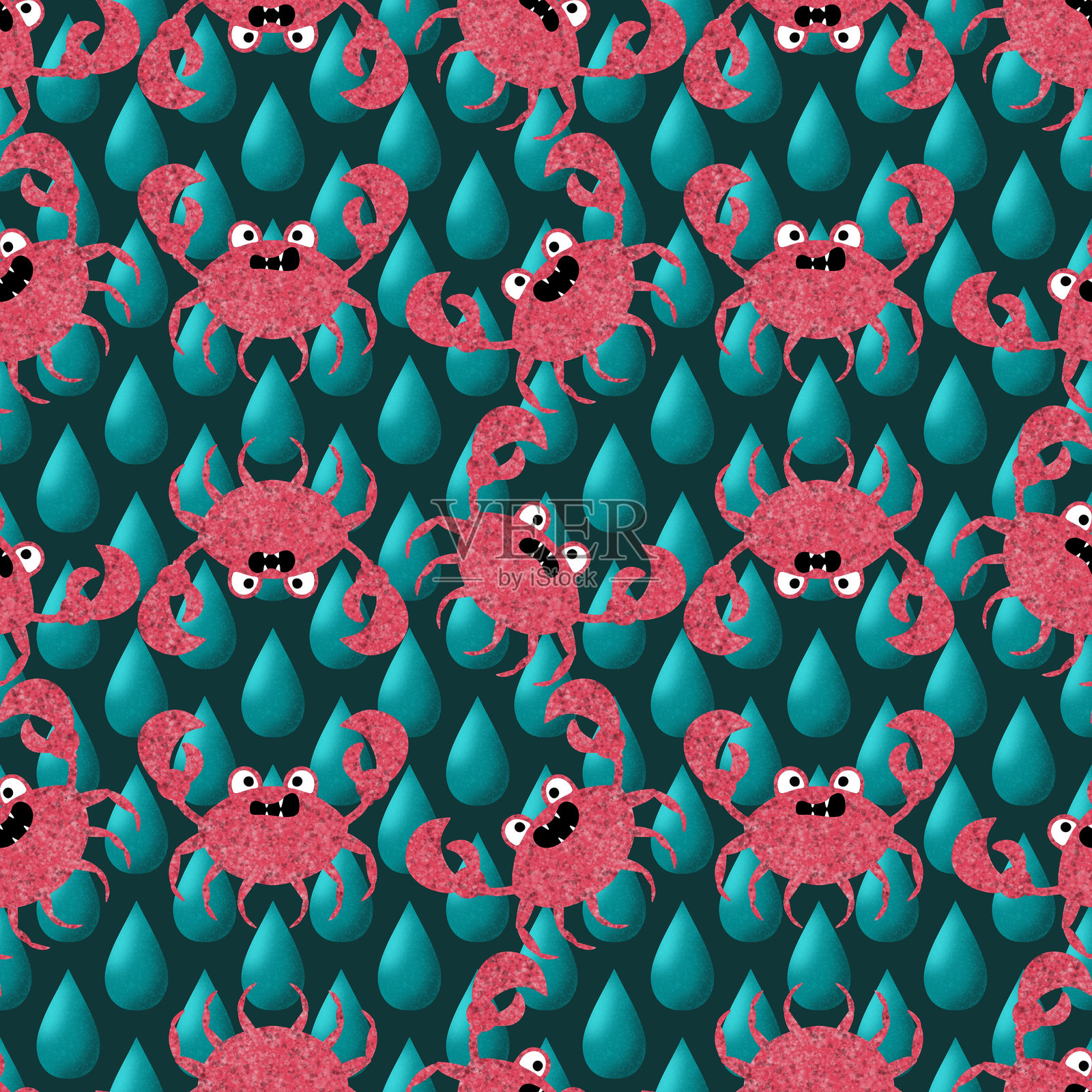 夏季动物无缝螃蟹图案,适用于纺织品和儿童服装插画图片素材