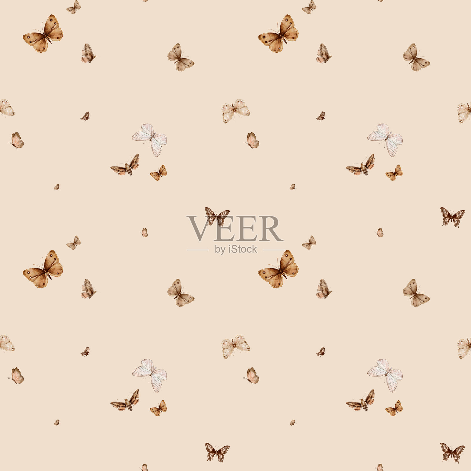 棕色和米色的复古风格蝴蝶在米色背景上,形成无缝图案。水彩插图。适用于面料、纺织品、墙纸、包装纸、包装、封面、印刷品和服装。插画图片素材