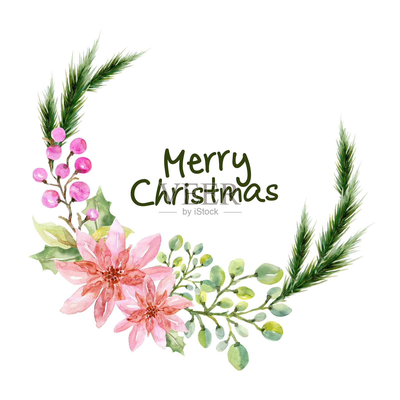 色彩斑斓的水彩秋季圣诞树枝与叶子 手绘插图 邊框邀请设计插画图片素材