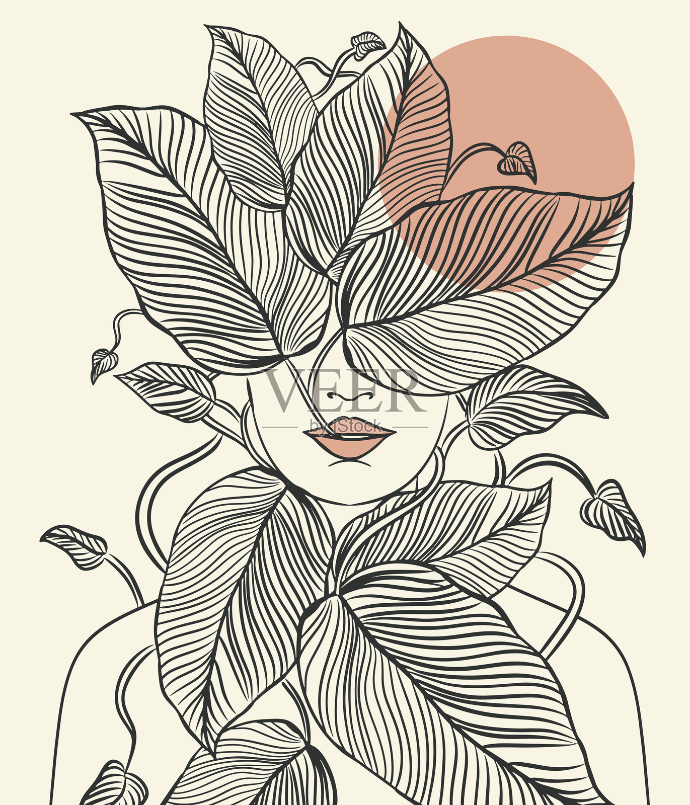 一位被树叶覆盖的女性,与树叶融为一体。简约的线条设计。插画图片素材