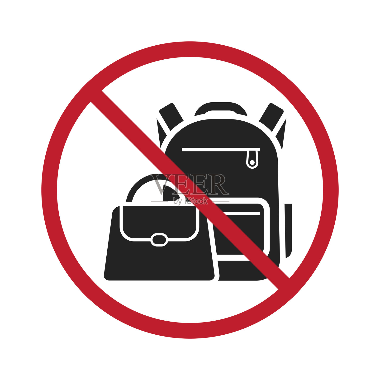 禁止携带背包、包袋和小袋的标志:用于室内安全。配有独立的图标标志,确保安全和合规。插画图片素材