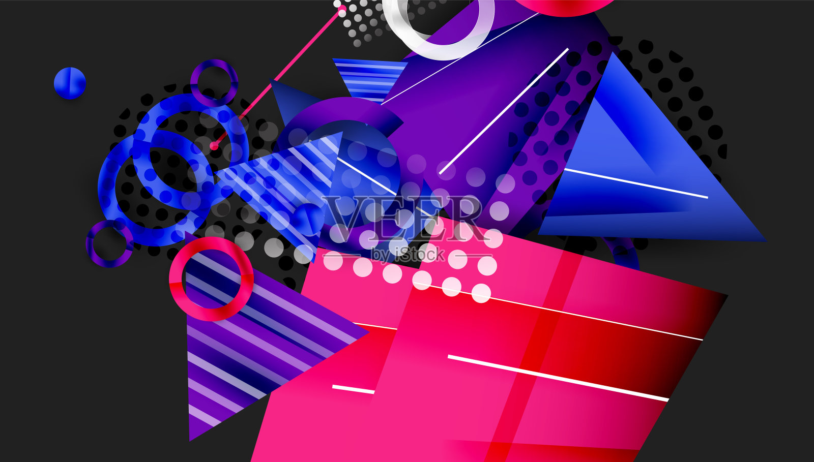 抽象背景 - 重叠的圆形、矩形和三角形,配以鲜艳的渐变色。半透明的形状营造出深度和均衡感。插画图片素材