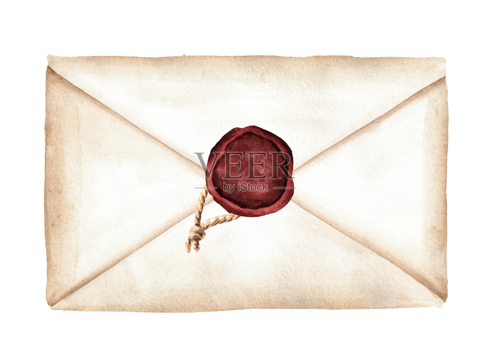 带有封蜡印章的信封。水彩手绘插图,独立于白色背景。插画图片素材