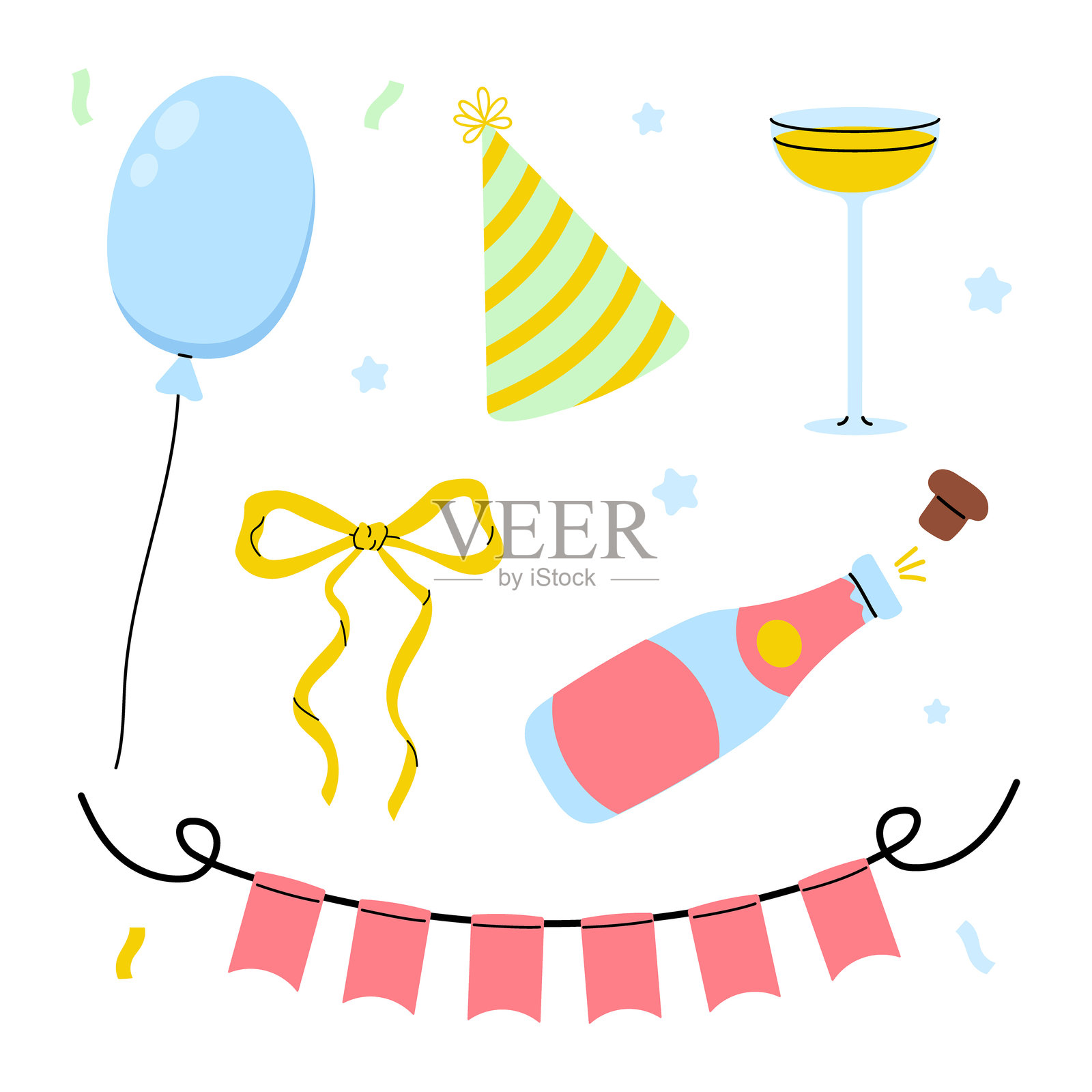 庆祝元素,包括气球、派对帽和饮品,适合节日场合插画图片素材