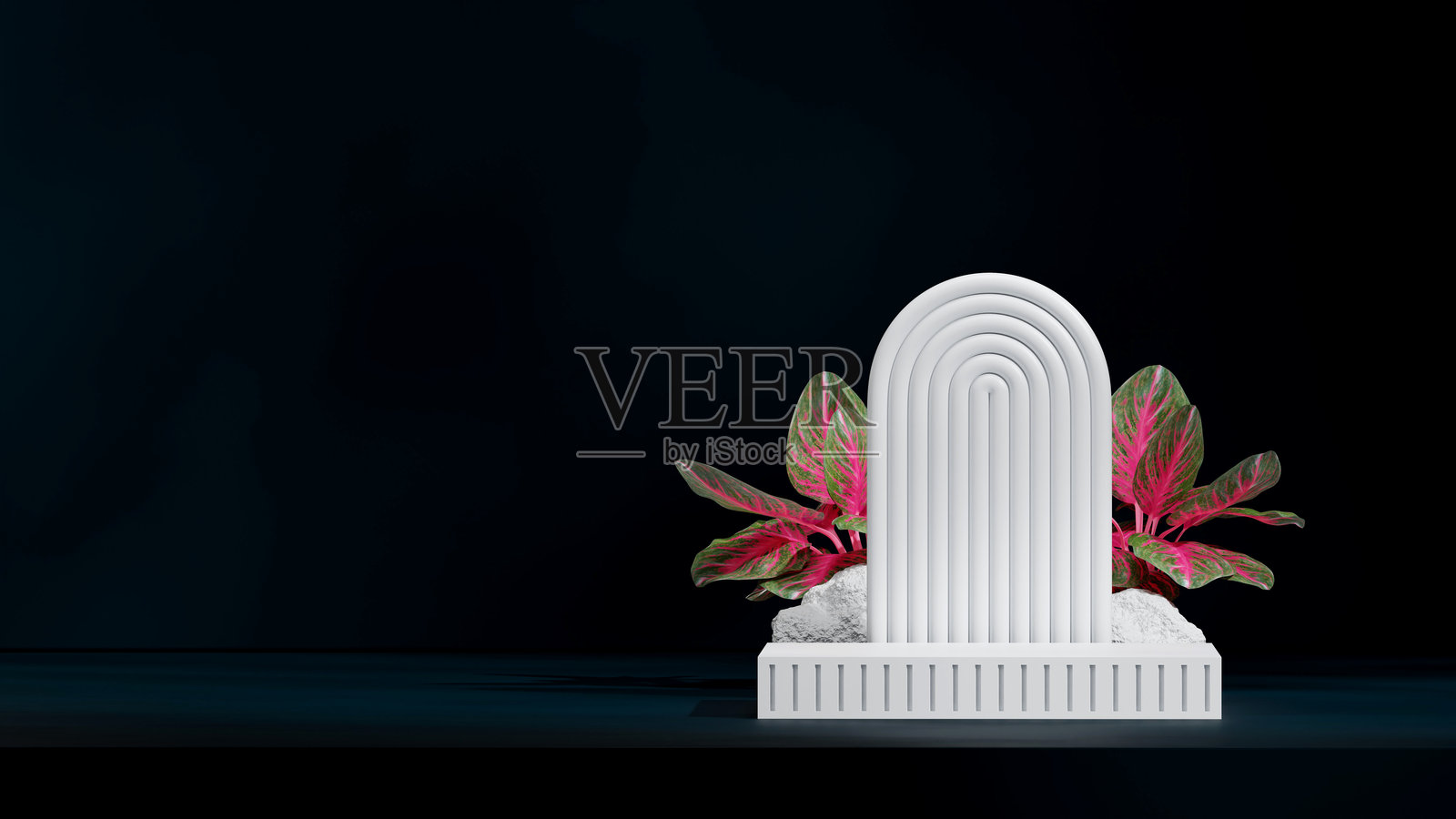 黑色方块形状的讲台,背景是山景拱门和岩石,3D渲染场景模拟照片摄影图片