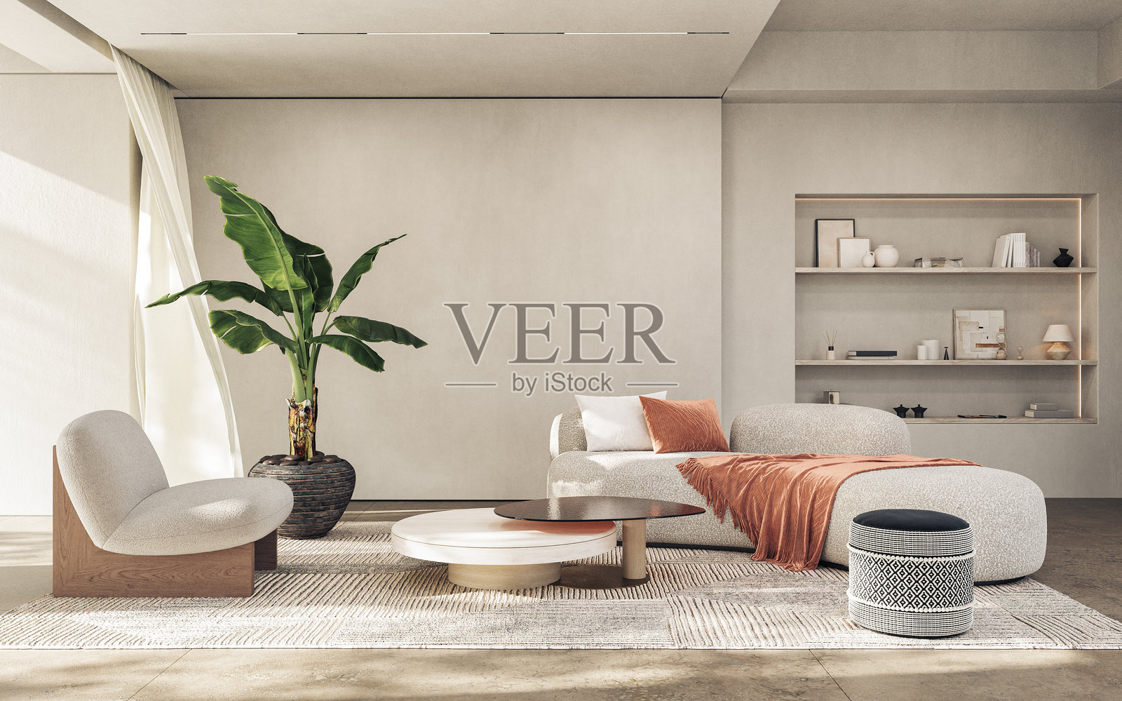 现代客厅的室内设计,采用柔和的中性色调。室内效果图,3D渲染。照片摄影图片