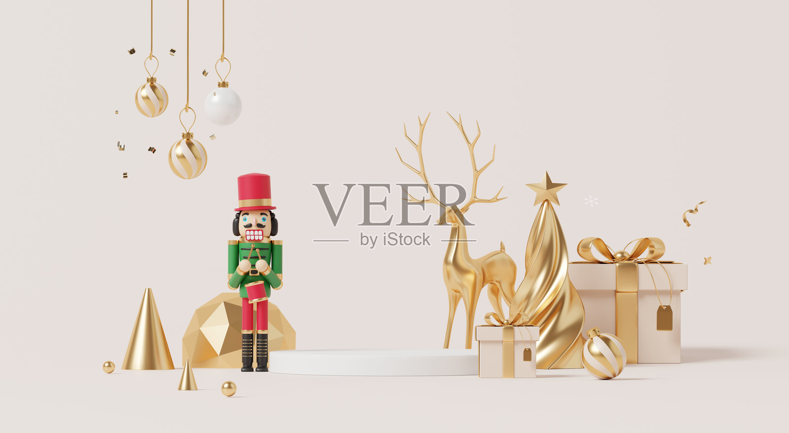 3D渲染,圣诞快乐和新年快乐背景,带有展示台、金色装饰、胡桃夹子、驯鹿和礼物照片摄影图片