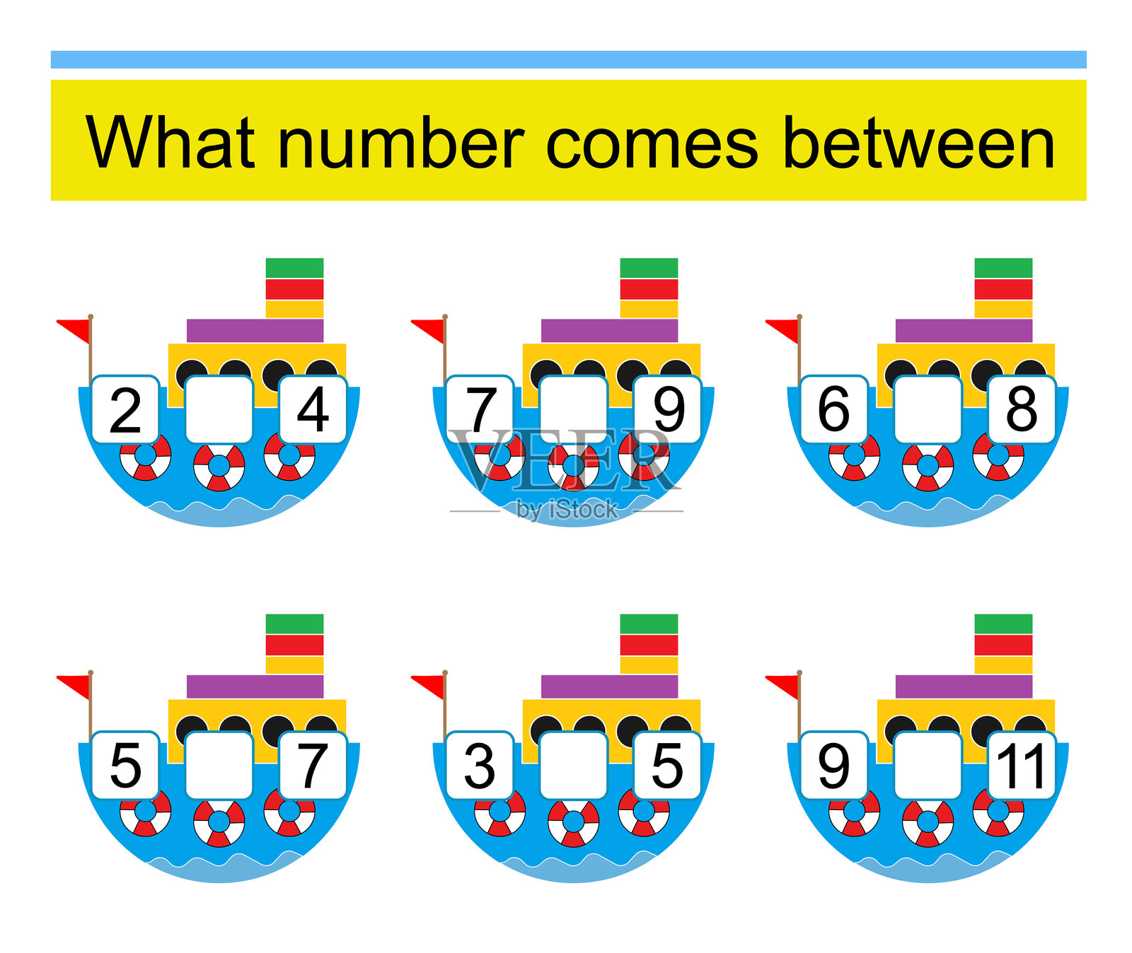 儿童数学练习册。卡通船的矢量插图。插画图片素材