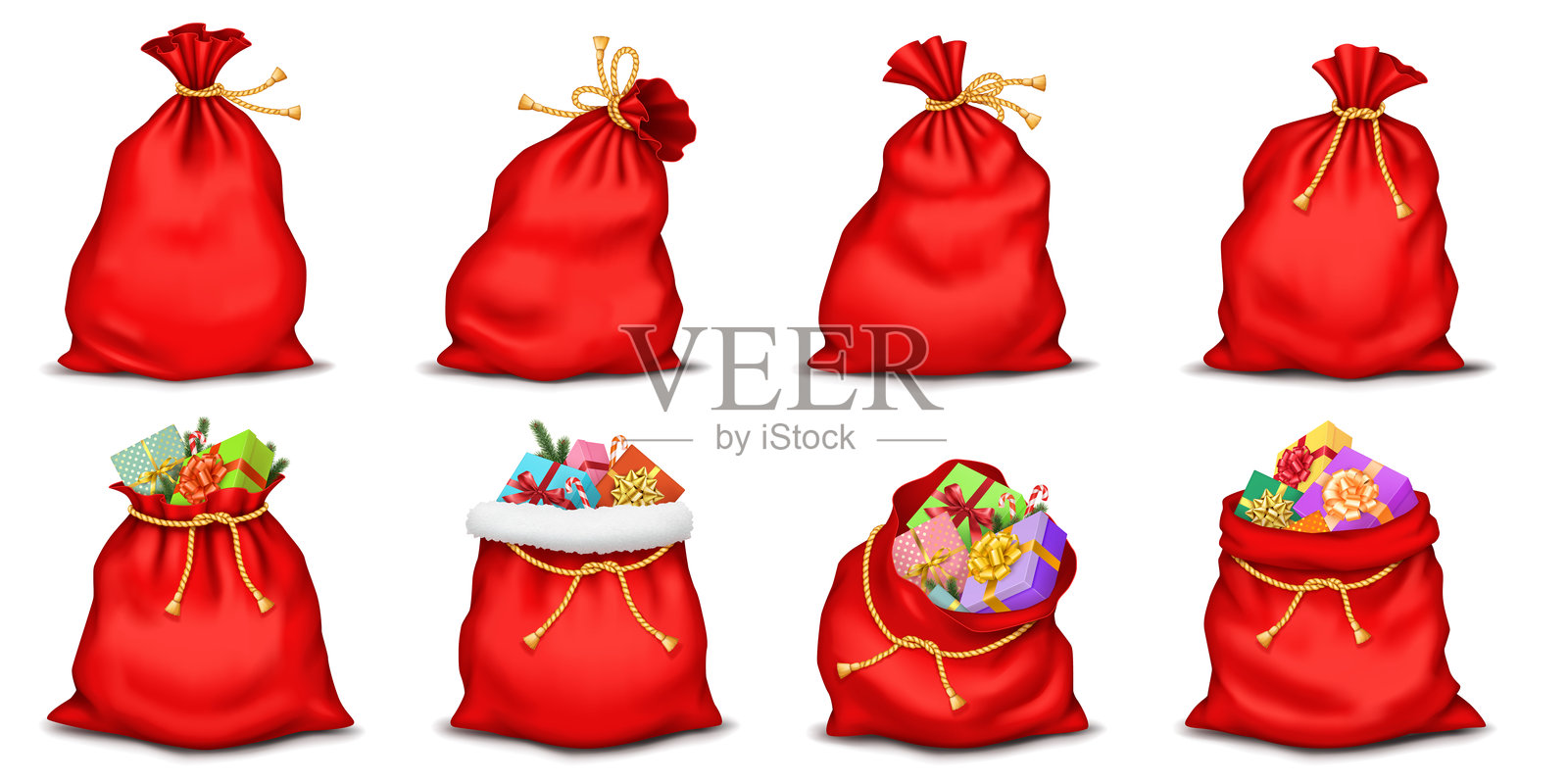 圣诞老人装满礼物的袋子真实图标集插画图片素材