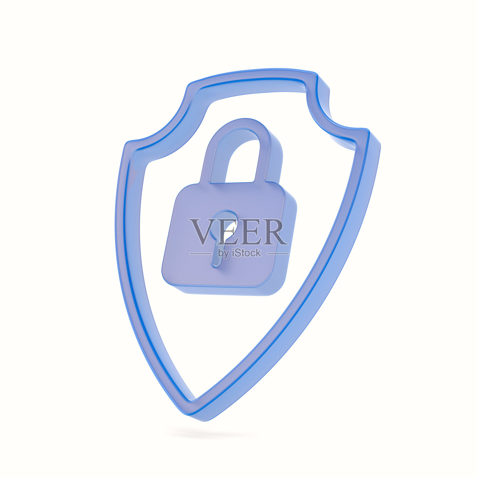 白色背景上的玻璃锁与护盾。孤立的3D插图照片摄影图片