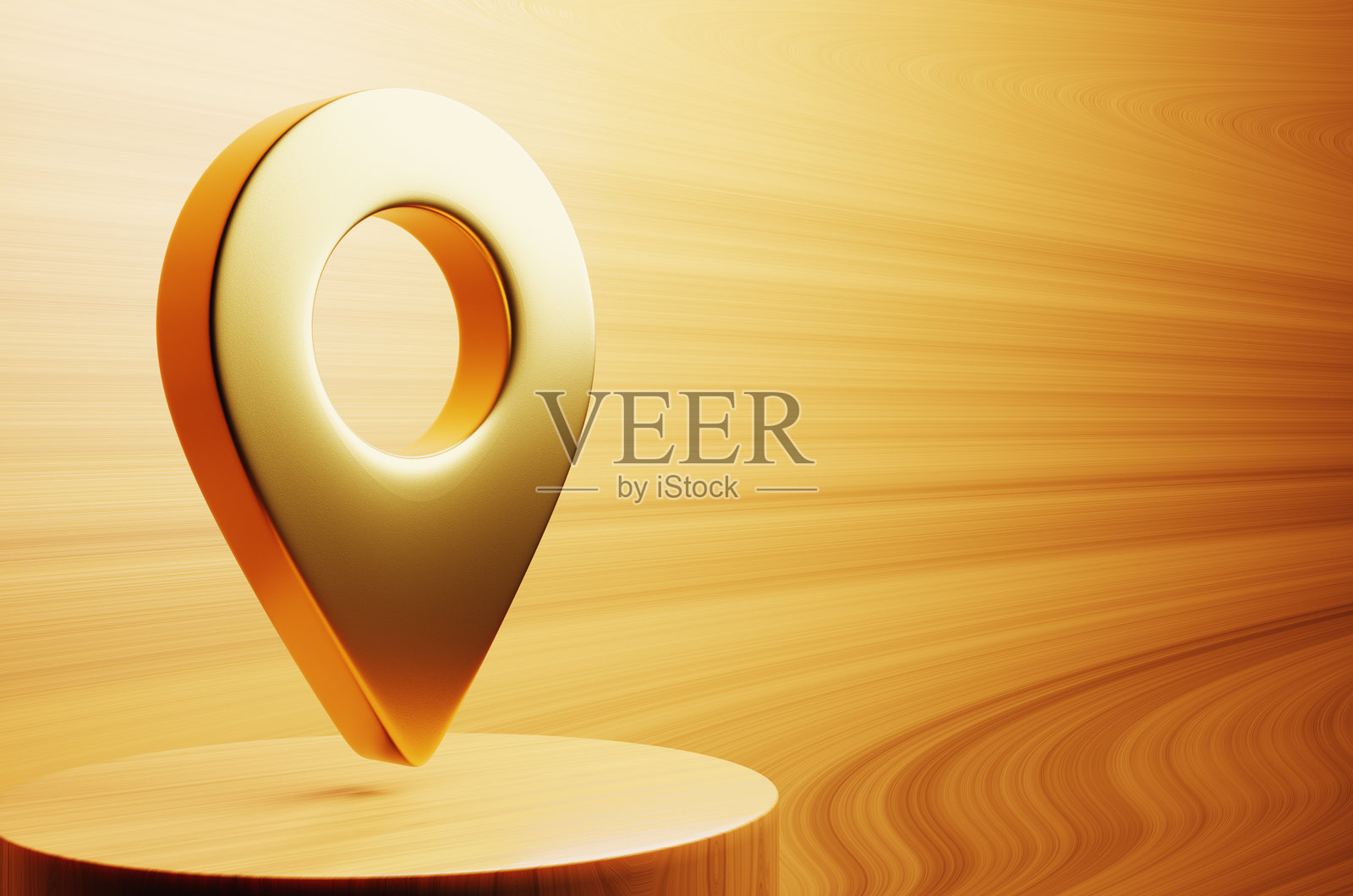 木质讲台上的地理位置图标,背景为木质纹理。3D渲染插图。照片摄影图片
