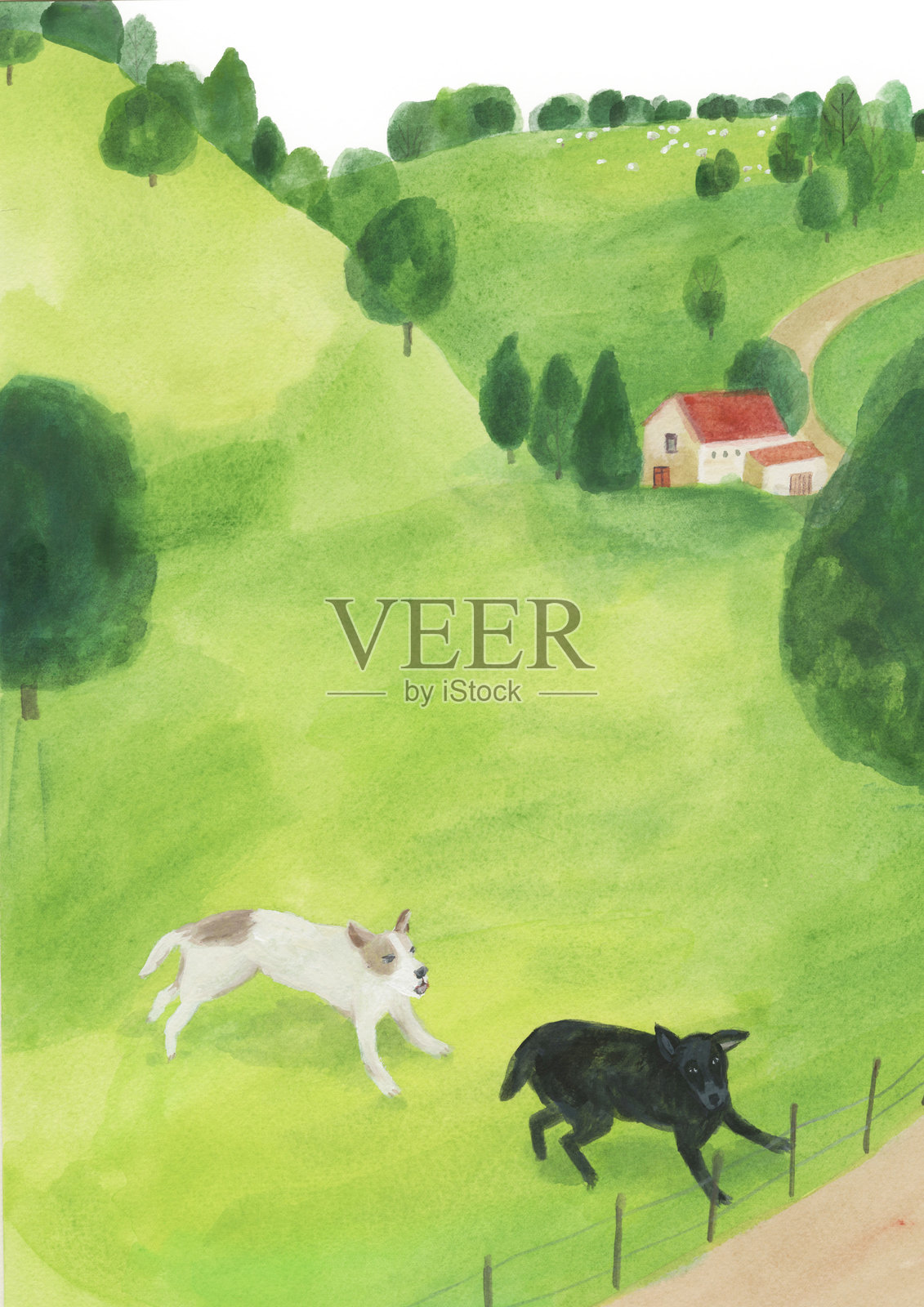 水彩画中的山脉与狗的风景插图插画图片素材