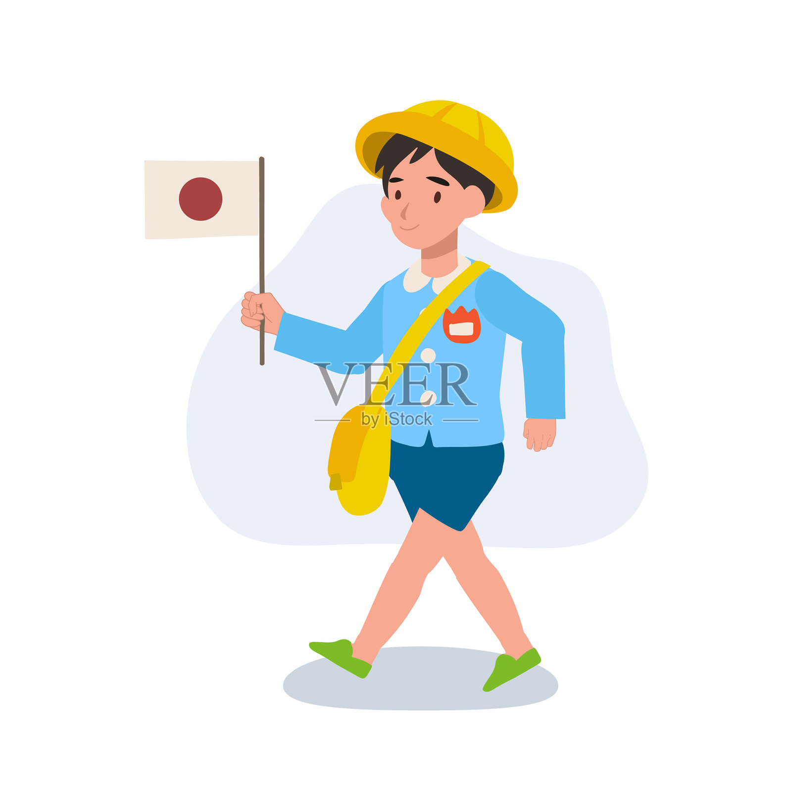 穿着幼儿园制服的小男孩在学校文化庆祝活动中挥舞着日本国旗插画图片素材