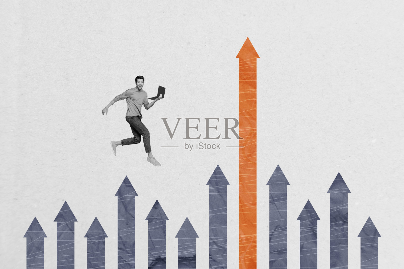 拼贴创意插图,黑白滤镜,年轻成功的男性,努力工作,雄心壮志,箭头象征成长,财富,收入,进步照片摄影图片